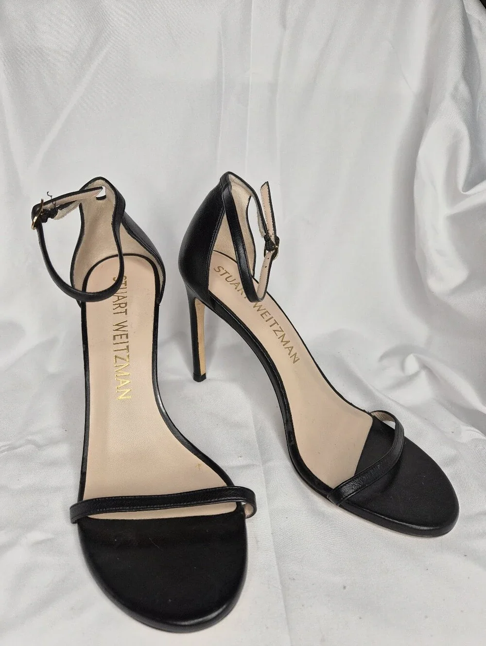 Stuart Weitzman Black Leather Nudistcurve Ankle Strap Heeled Sandals Size 8